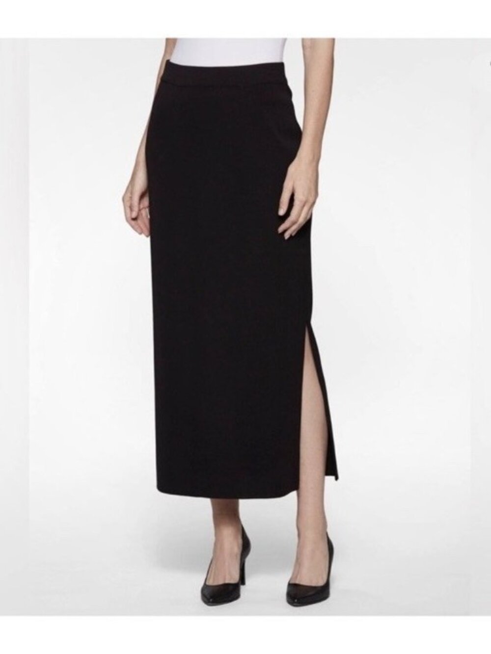 Exclusively Misook XL Maxi Skirt Pencil Side Slit Navy Blue Stretch Knit Travel